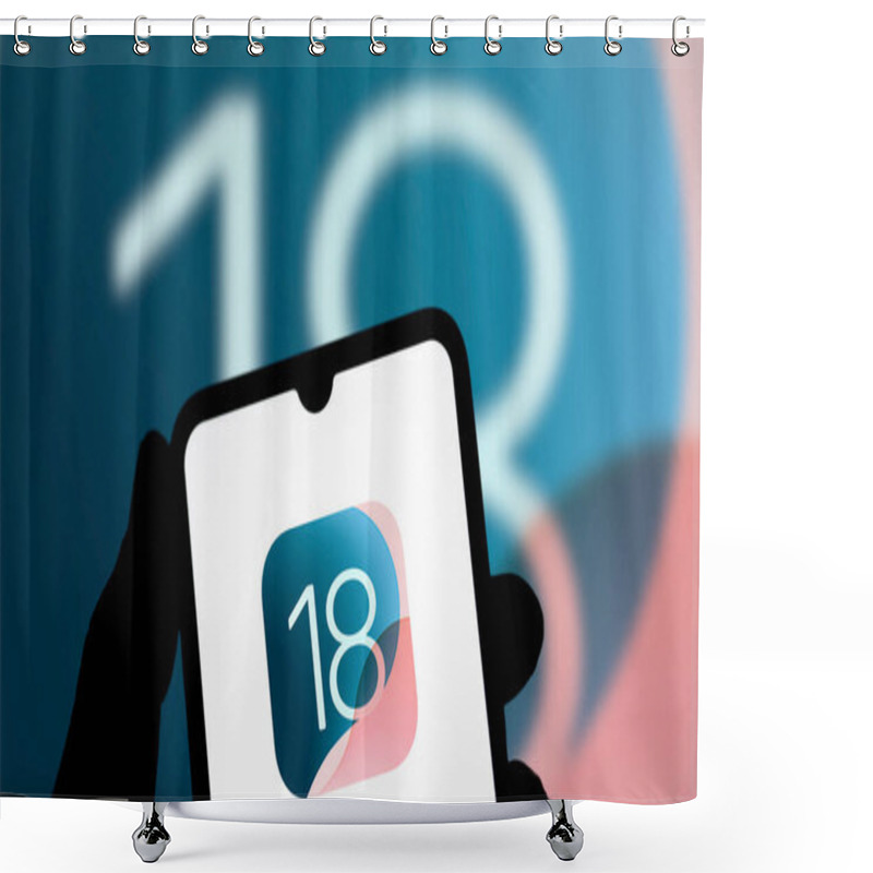 Personality  Dhaka, Bangladesh- 14 June 2024: Apple IOS 18 Logo Is Displayed On Smartphone. Shower Curtains