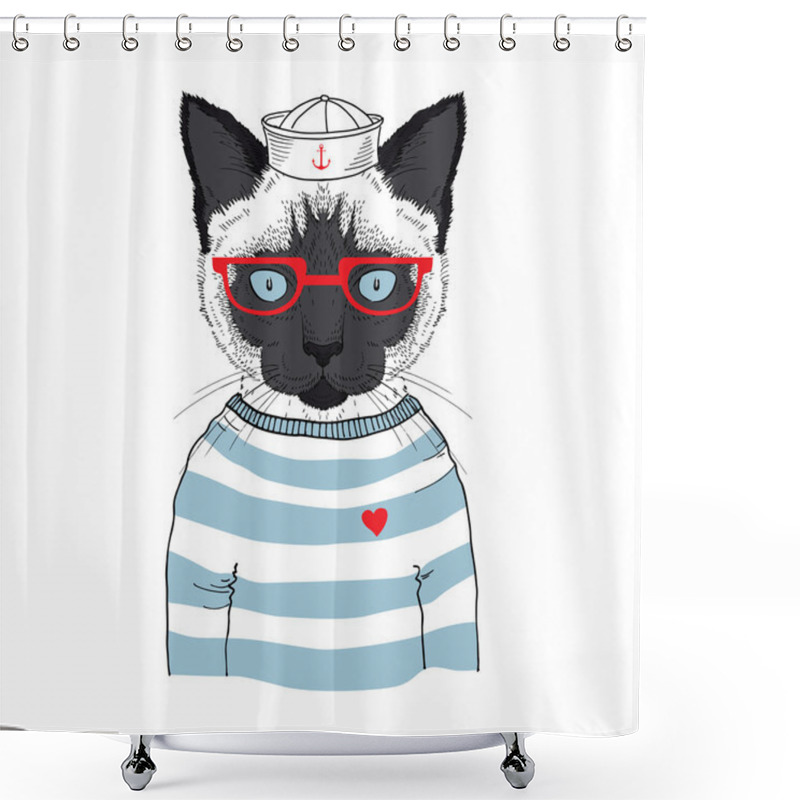 Personality  Hand Drawn Illustration Of Siamese Cat Sailor Shower Curtains