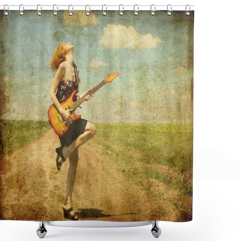 Personality  Rock Girl With Guitar At Countryside. Shower Curtains