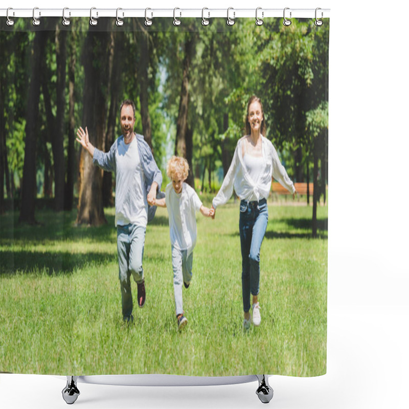 Personality  Happy Family Holding Hands And Running In Park During Daytime Shower Curtains