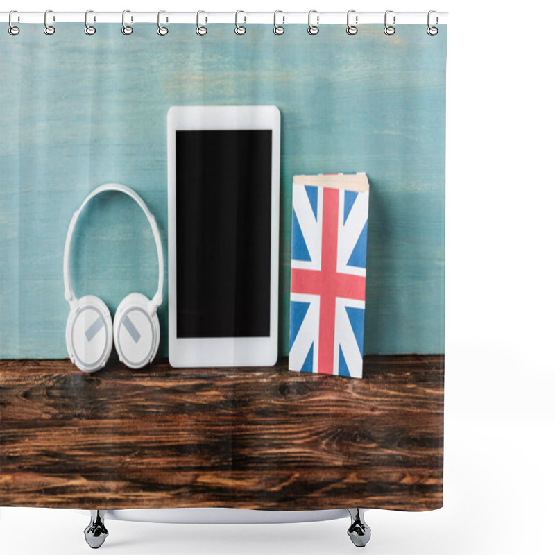 Personality  Headphones, Digital Tablet With Blank Screen And Uk Flag On Wooden Table Near Blue Wall Shower Curtains