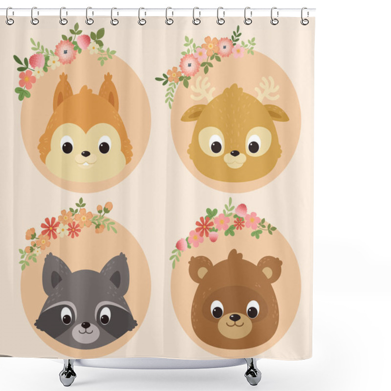 Personality  Cute Animals Portraits: A Squirrel, Deer, Raccoon, Bear. Cute Characters Design.  Shower Curtains