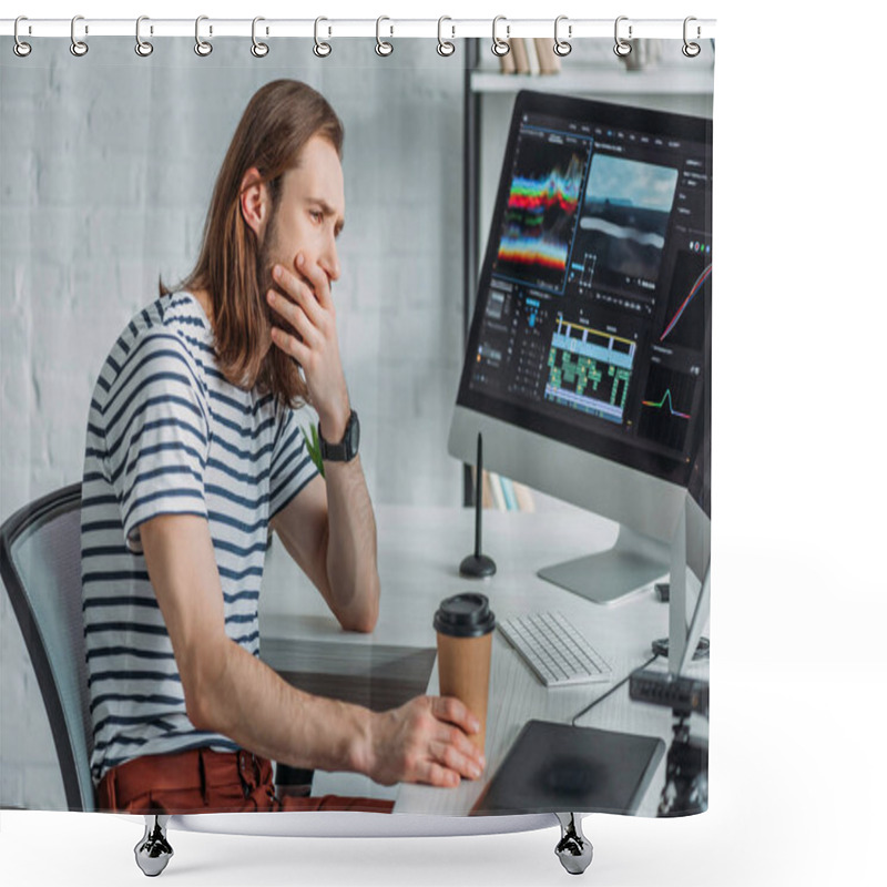 Personality  Editor Holding Paper Cup While Covering Mouth And Looking At Computer Monitor  Shower Curtains