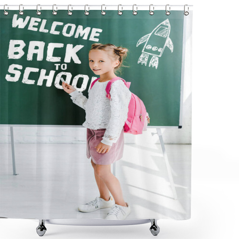 Personality  Cute Schoolgirl Standing With Backpack And Holding Chalk Near Welcome Back To School Lettering On Green Chalkboard  Shower Curtains