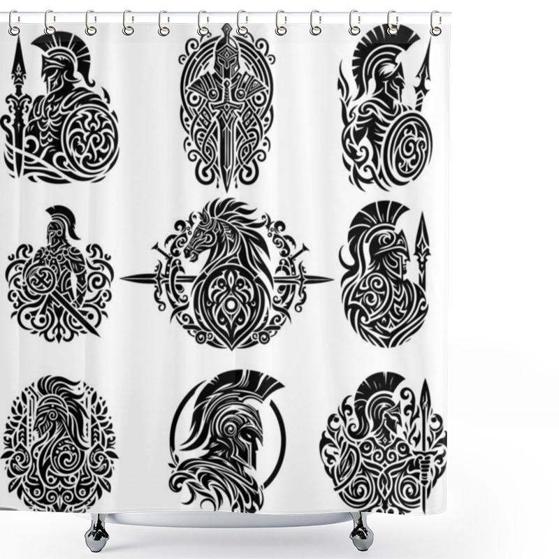 Personality  Collection Of Highly Ornate Monochromatic Knight And Heraldic Illustrations Shower Curtains