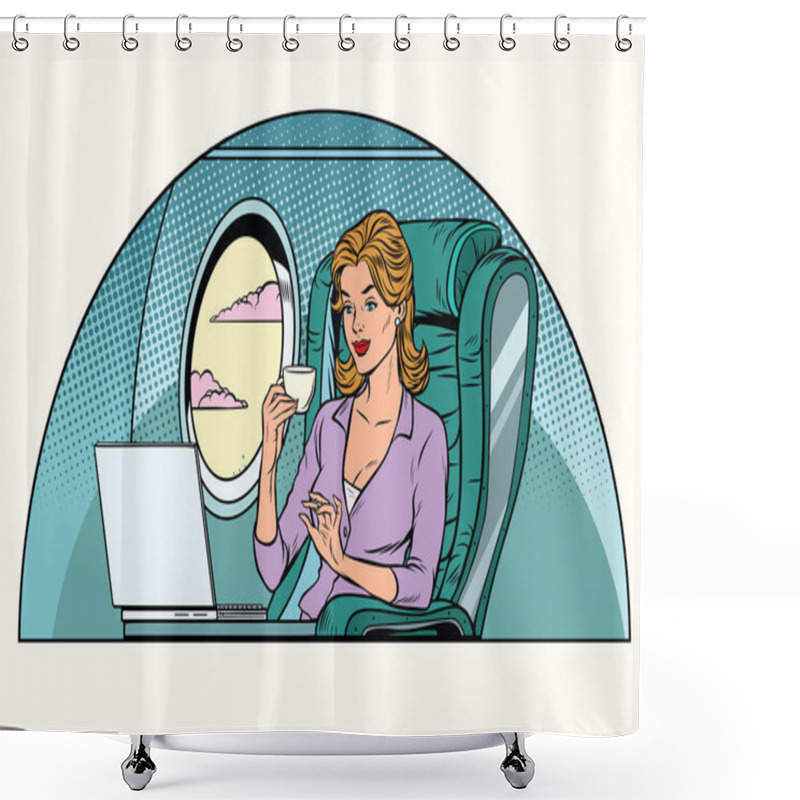 Personality  Businesswoman In Business Class Of The Aircraft Works At A Lapto Shower Curtains