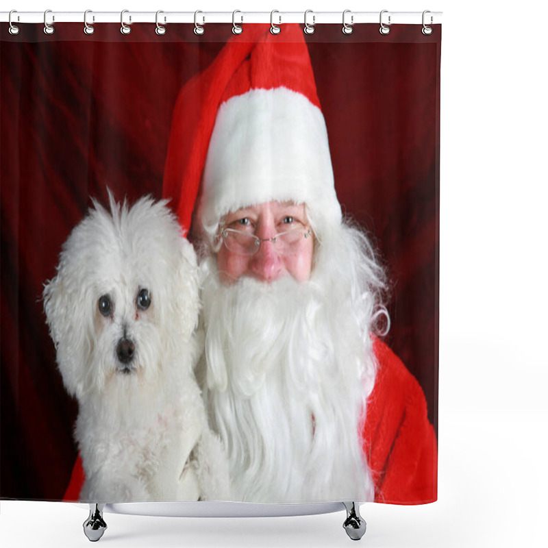 Personality  Christmas Santa Claus. Christmas Bichon Frise Dog. Santa Claus Holds A Bichon Frise Dog. Santa Holds His Bichon Frise Dog. Santa Holds His Pure Breed Bichon Frise Dog For A Christmas Photo. Merry Christmas.  Shower Curtains