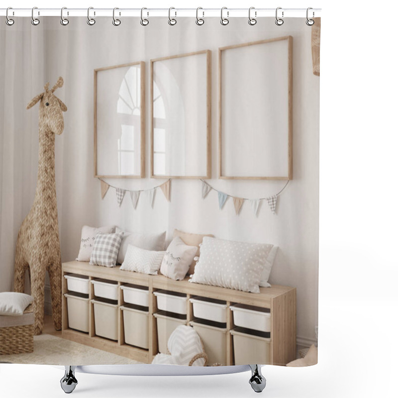 Personality  Mock Up Frame In Children Room With Natural Wooden Furniture, Farmhouse Style Interior Background, 3D Render Shower Curtains