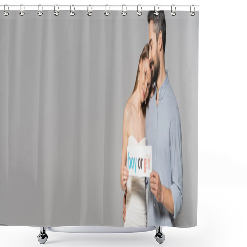 Personality  Positive And Bearded Man Hugging Stylish Pregnant Wife While Holding Card With Boy Or Girl Lettering During Gender Reveal Surprise Party Isolated On Grey, Banner With Copy Space  Shower Curtains