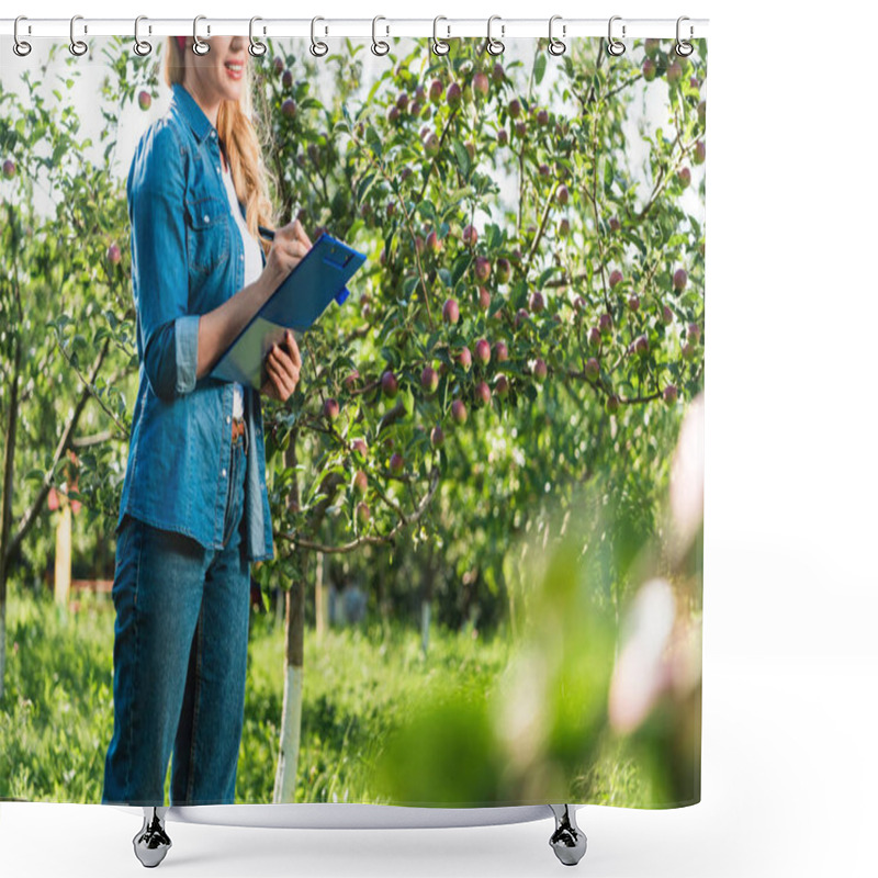 Personality  Cropped Image Of Farmer Holding Clipboard In Apple Garden At Farm Shower Curtains