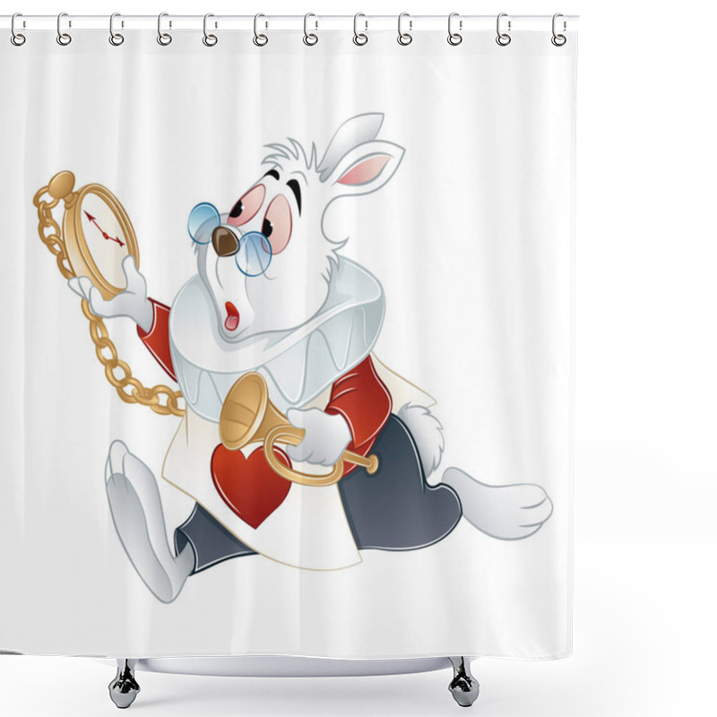 Personality  Rabbit In A Hurry Running To Wonderland With Trumpet On Its Hand. Vector Illustration Shower Curtains