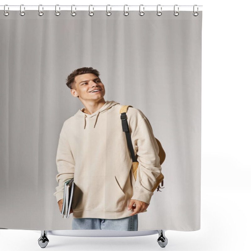 Personality  Charming Student Looking To Side And Standing With Notes And Backpack Against Grey Background Shower Curtains