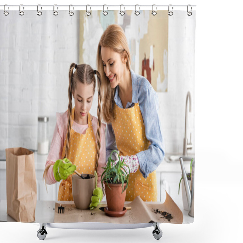 Personality  Woman Smiling Near Cute Daughter Holding Shovel With Ground In Flowerpot Near Table In Kitchen Shower Curtains