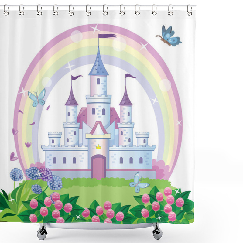 Personality  A Fairy-tale Castle For A Princess. Beautiful Flower Meadow And Rainbow. Wonderland. Children Cartoon Illustration. Vector. Shower Curtains