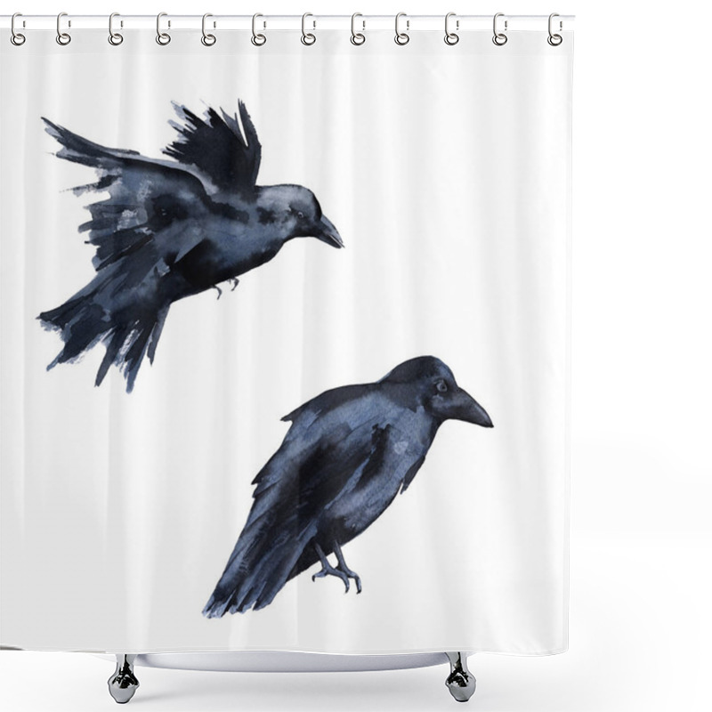 Personality  Two Black Crows. Isolated On White Background.  Shower Curtains