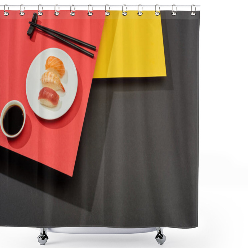 Personality  Fresh Nigiri With Salmon, Shrimp And Tuna Near Soy Sauce And Chopsticks On Red, Yellow And Black Surface Shower Curtains