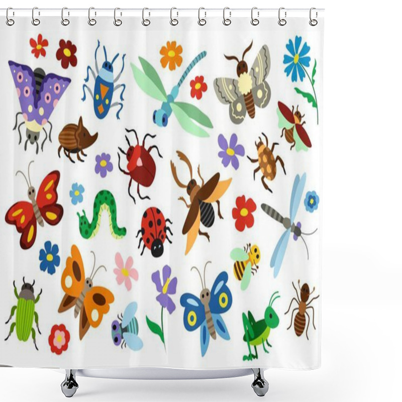 Personality  Set Of Cute Insects. Stickers Or Icons With Butterfly, Caterpillar, Ant, Ladybug, Beetle, Dragonfly And Bee. Hand Drawn Flying Garden Bugs. Cartoon Flat Vector Collection Isolated On White Background Shower Curtains