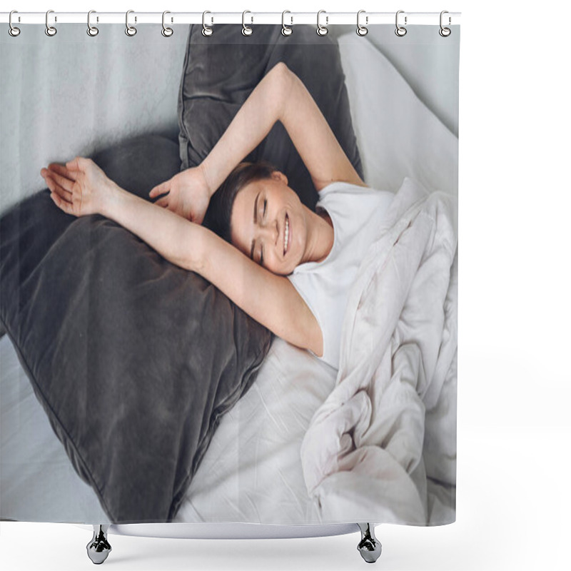 Personality  Attractive Smiling Young Woman Stretching In Bed Waking Up Alone Happy Concept, Awake After Healthy Sleep In Cozy Comfortable Bed And Mattress Enjoy Good Morning Shower Curtains