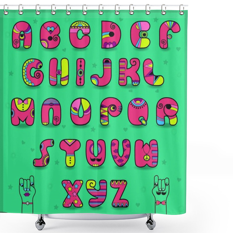 Personality  Candy Alphabet. Funny Pink And Yellow Letters. Unusual Artistic Font. Cartoon Hands Looking At Each Other. Vector Illustration Shower Curtains