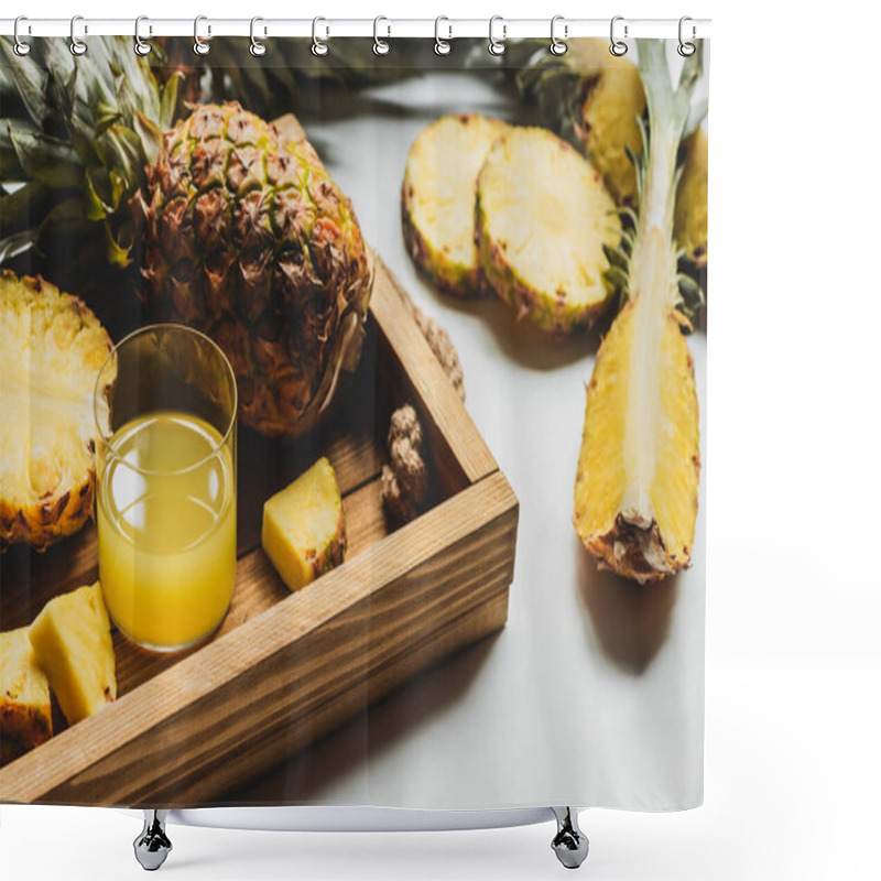 Personality  Fresh Pineapple Juice And Cut Delicious Fruit On Wooden Tray On White Background Shower Curtains