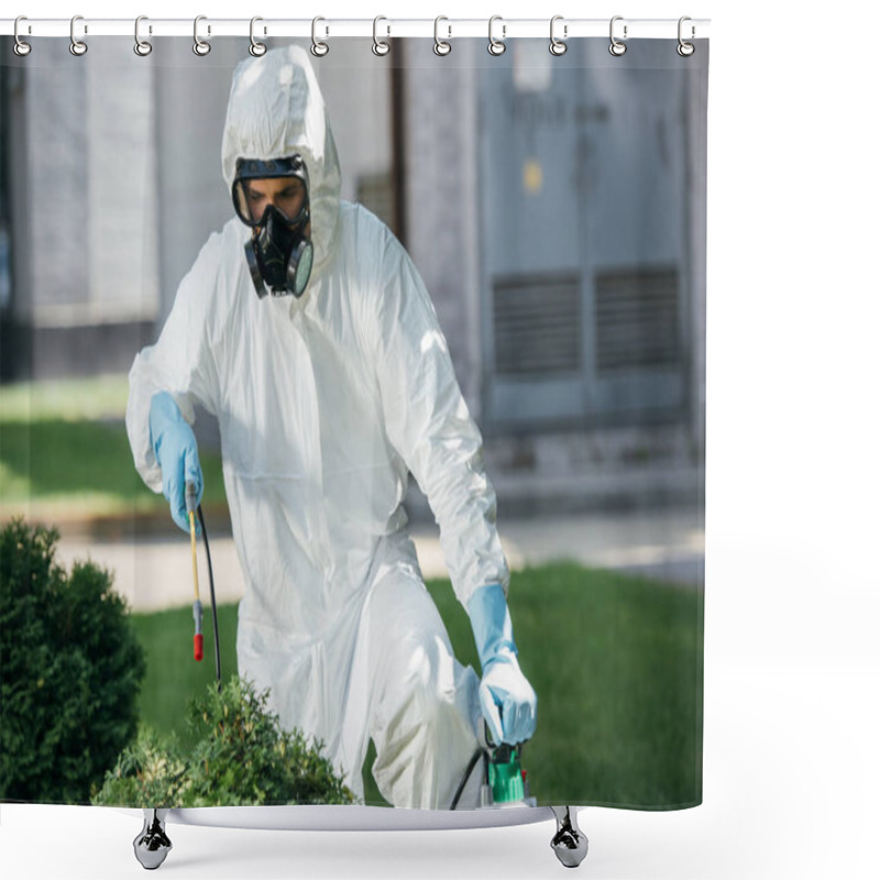 Personality  Male Pest Control Worker In Uniform Spraying Chemicals On Bush Shower Curtains