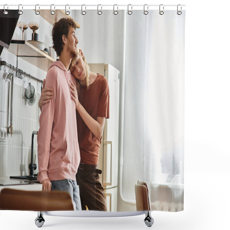 Personality  Two Loving Men Embrace In A Sunlit Kitchen, Showcasing Their Bond And Affection For Each Other. Shower Curtains