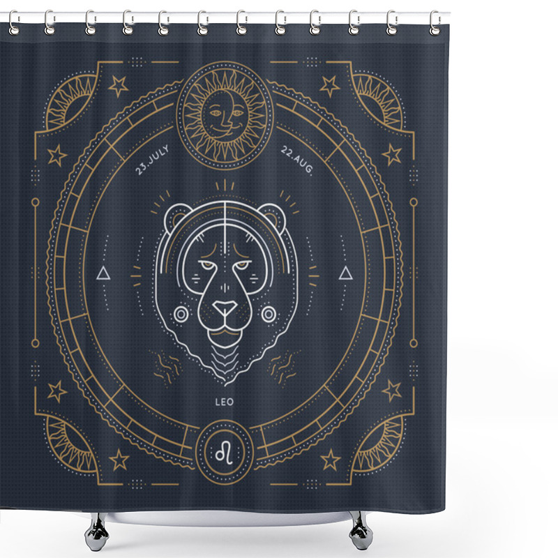 Personality  Vintage Thin Line Leo Zodiac Sign Label. Retro Vector Astrological Symbol, Mystic, Sacred Geometry Element, Emblem, Logo. Stroke Outline Illustration. Shower Curtains