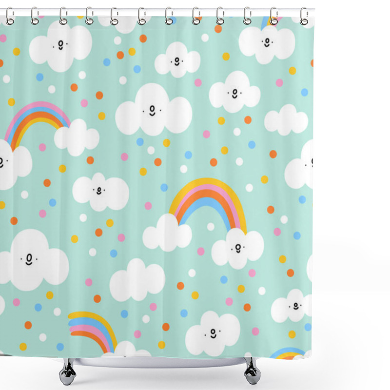 Personality  Little Happy Clouds And Confetti Rain On Mint Background, Vector Seamless Pattern Shower Curtains