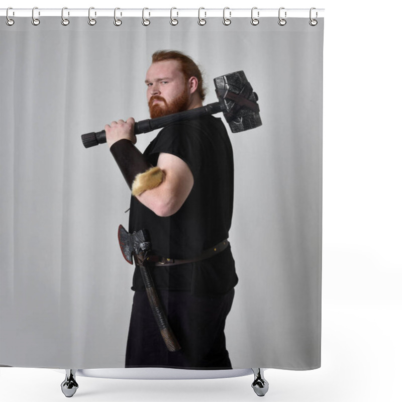 Personality   Portrait Of Red Haired Man Wearing Medieval Viking Inspired Fantasy Costume. Standing Pose With Gestural Poses Holding A Hammer As Weapon, Isolated  Against Studio Background. Shower Curtains