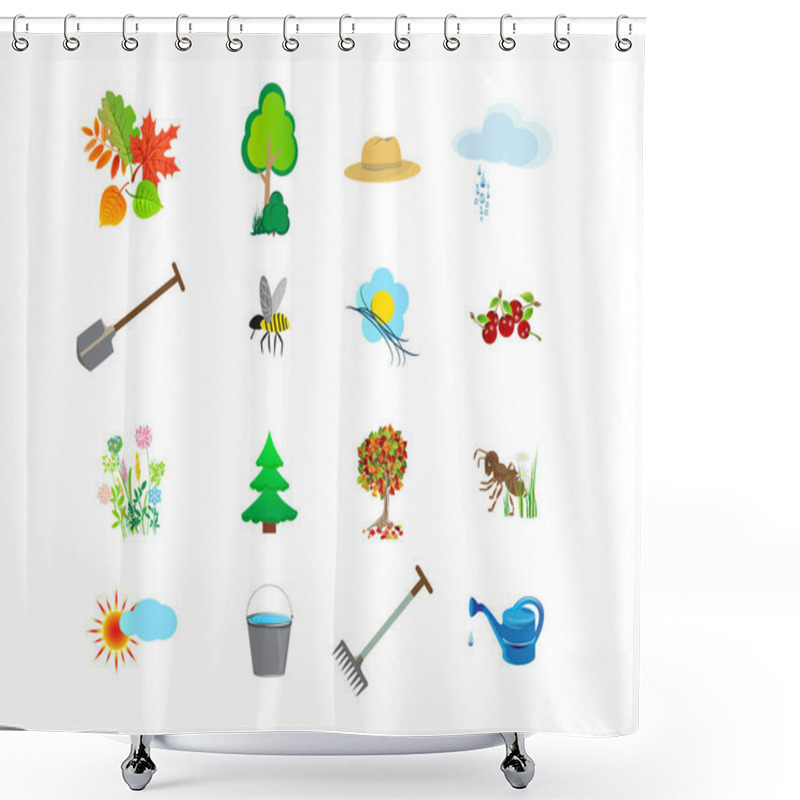 Personality  Gardening Icon Set, Flat Style. Garden And Orchard Collection Tools And Decoration, Isolated On White Background. Vector Illustration Shower Curtains