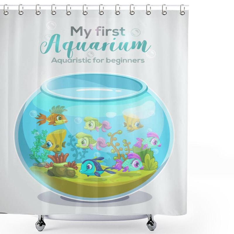 Personality  My First Aquarium, Aquaristic For Beginners, Childish Book Cover Design. Shower Curtains