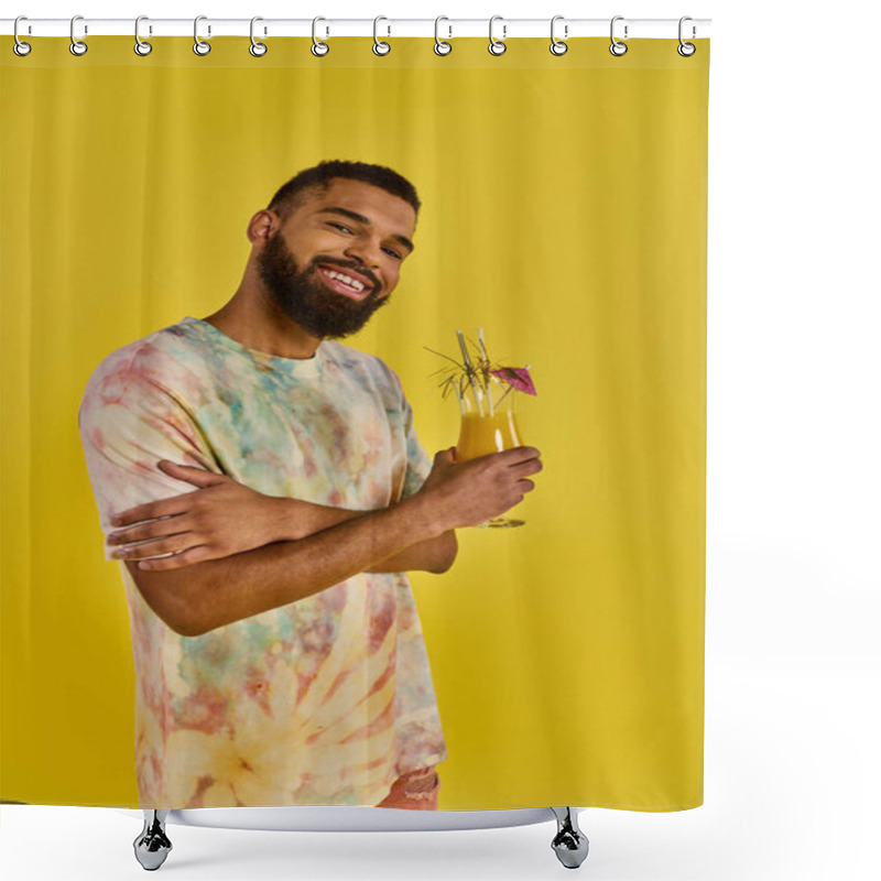 Personality  A Man Wearing A Vibrant Tie Dye Shirt Is Seen Enjoying A Drink. The Colorful Shirt Adds A Playful Element To The Scene. Shower Curtains