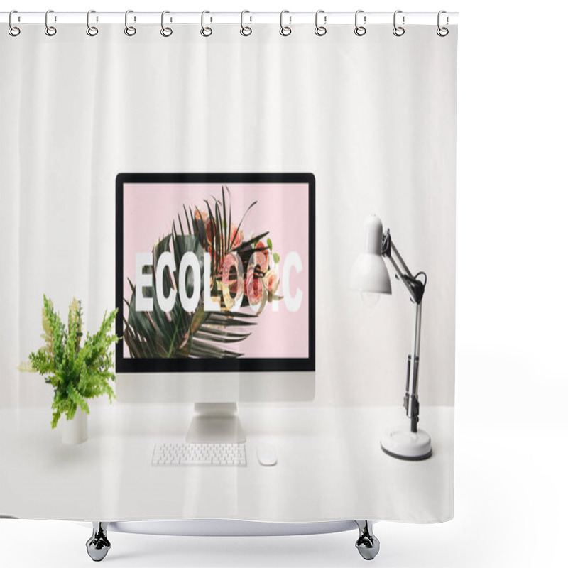 Personality  Computer With Ecologic Lettering And Tropical Leaf On Monitor On Desk On White Background Shower Curtains