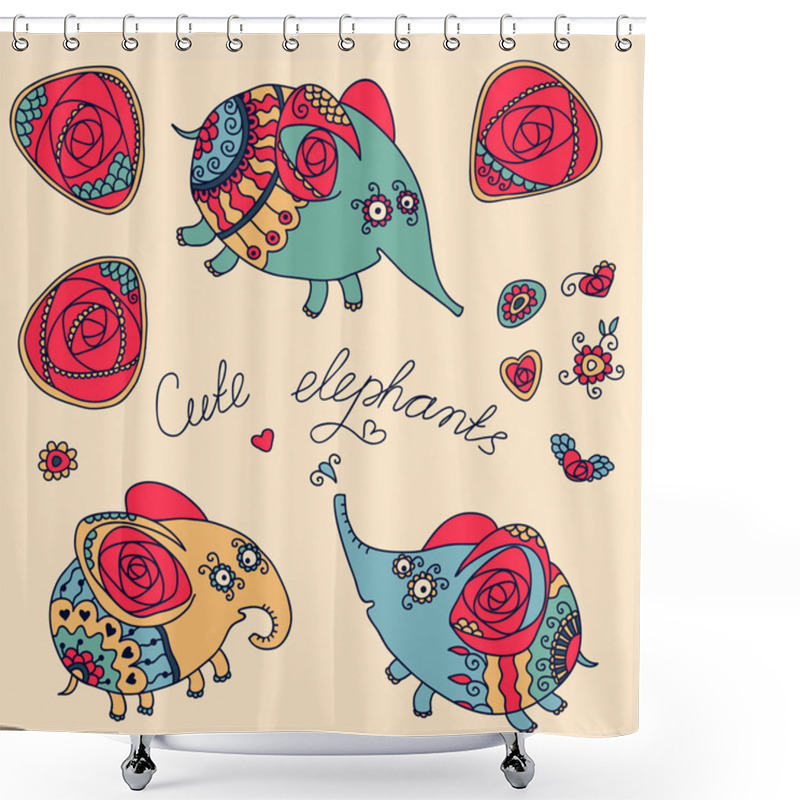 Personality  Set Of Cute Little Elephants And Roses Shower Curtains