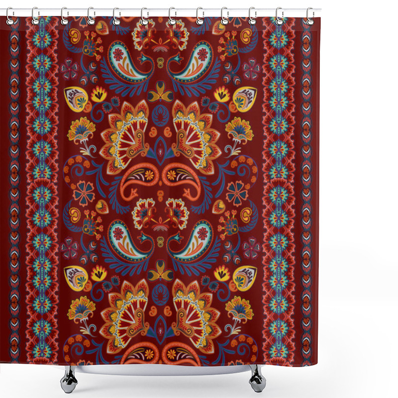 Personality  Indian Seamless Pattern. Wallpaper With Paisley. Ethnic Style. Border Ornament. Brown Orange Blue. Shower Curtains