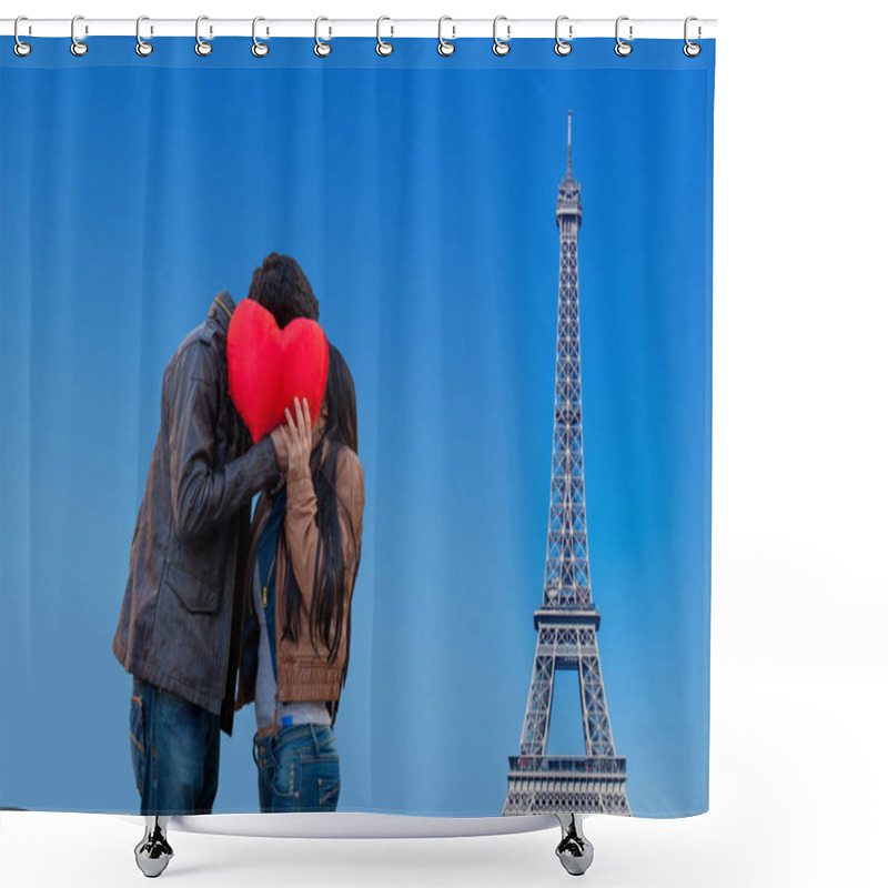 Personality  Young Couple With Heart Shape Toy Kissing On Background With Eiffel Tower Shower Curtains