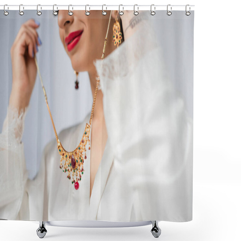 Personality  Cropped View Of Young Indian Bride Holding Necklace On White Shower Curtains