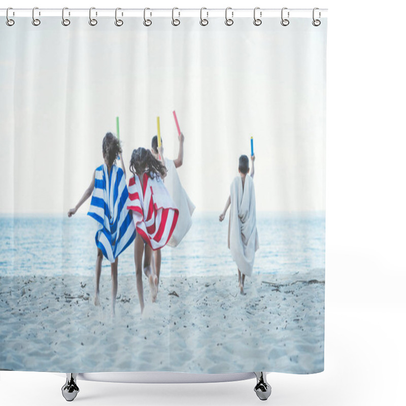 Personality  Children With Towels Running On Beach Shower Curtains