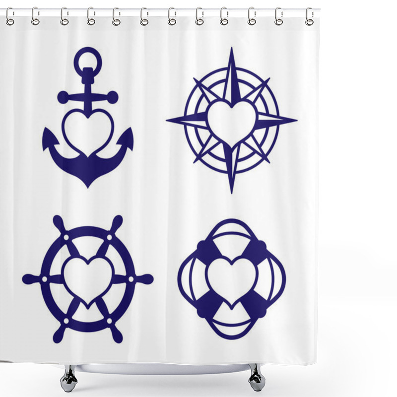 Personality  Marine Heart Icon Set Of Anchor And Compass Shower Curtains