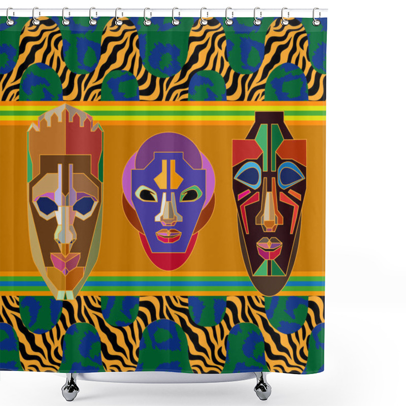 Personality  Seamless Vector Border With Shamanic Masks And Animal Prints. Shower Curtains