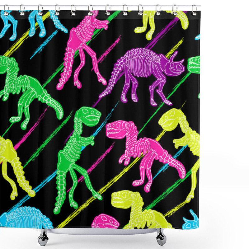 Personality  Dinosaur Skeleton. Vector Seamless Pattern. Original Design With Dinosaur Bones. Print For T-shirts, Textiles, Web. Black Background. Shower Curtains