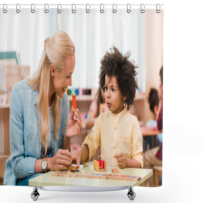 Personality  African American Child Playing Educational Game With Smiling Teacher In Montessori School Shower Curtains