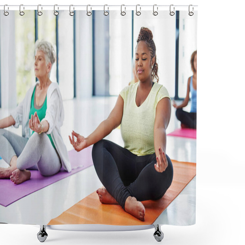 Personality  Release All Your Tension. Shot Of A Group Of Women Meditating Indoors. Shower Curtains