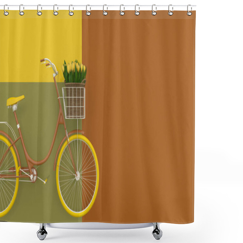 Personality  Old Retro Bicycle In Brown With Yellow Wheels And Yellow Flowers In A Basket On A Colorful Background. Copy Space.  Abstract Concept. 3D Render. Shower Curtains