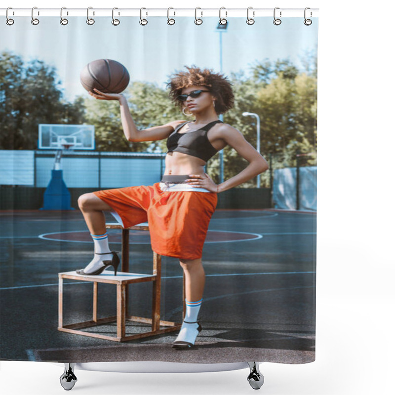 Personality  African-american Woman Holding Basketball Shower Curtains