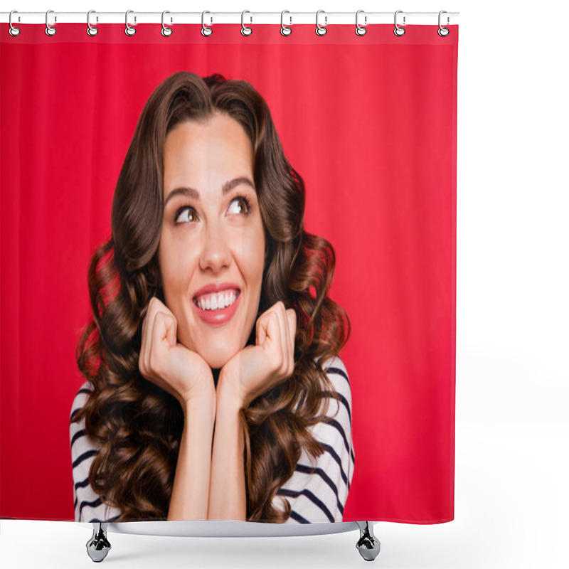 Personality  Close Up Portrait Of Adorable Attractive She Her Girl Toothy Smiles Arms Under Face Looking Up Making Wish As Star Fell Wearing White Sweater Outfit Isolated On Red Vivid Bright Background Shower Curtains