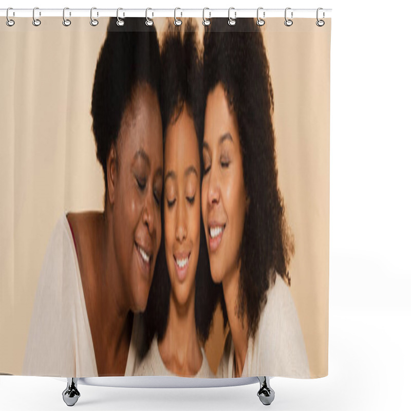 Personality  African American Daughter, Granddaughter And Grandmother Hugging Cheeks To Cheeks On Beige Background, Banner Shower Curtains