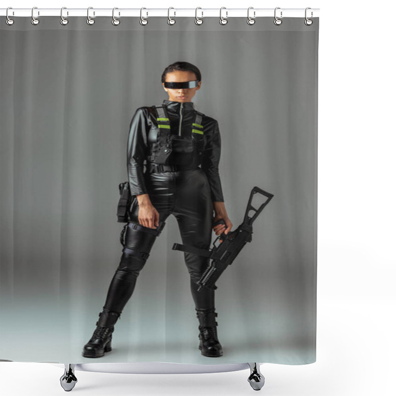 Personality  Futuristic African American Woman In Glasses With Assault Rifle On Grey Shower Curtains