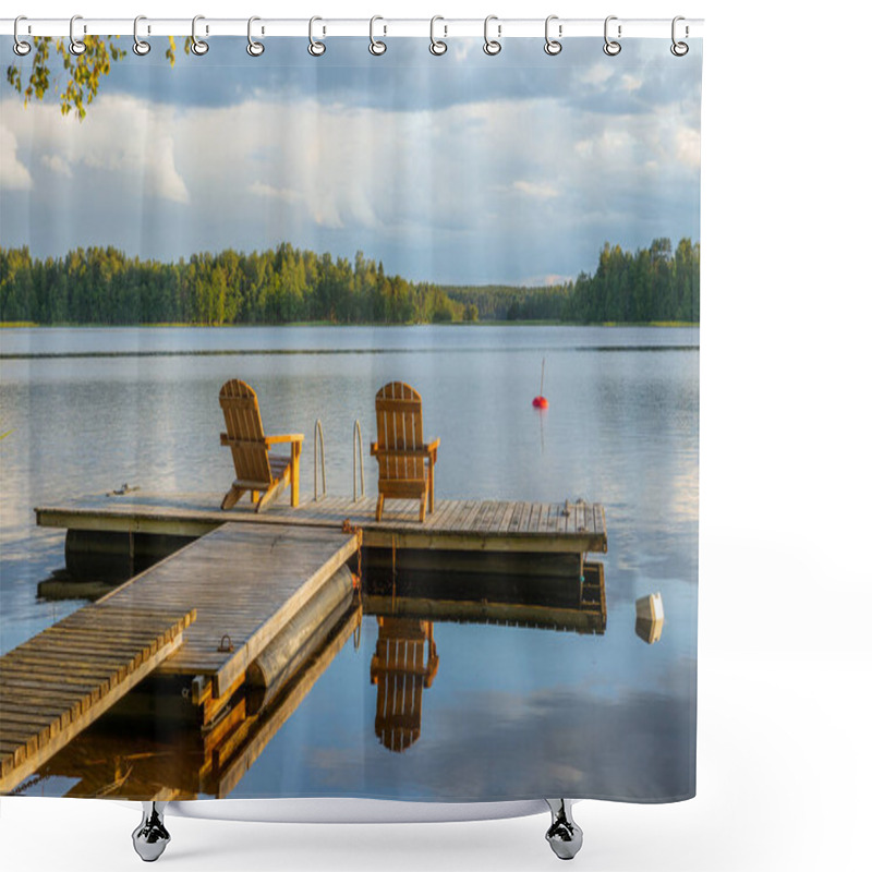 Personality  Two Wooden Chairs At Sunset On A Pier On The Shores Of The Calm  Shower Curtains