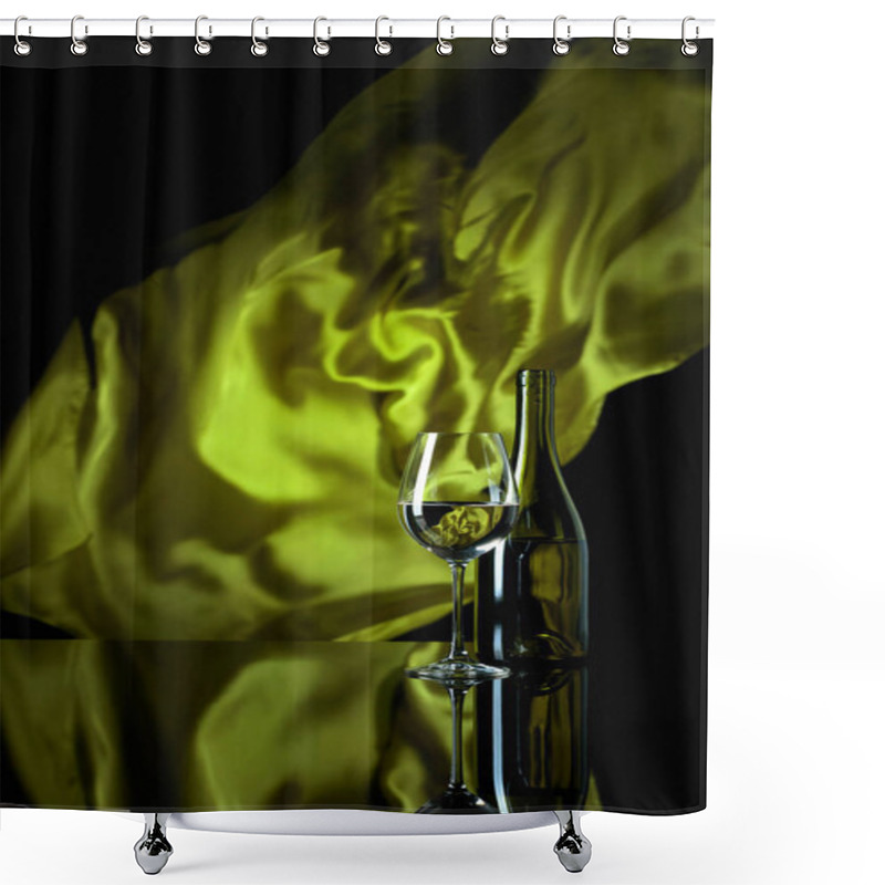 Personality  Wineglass And Bottle Of White Wine On A Black Reflective Backgro Shower Curtains